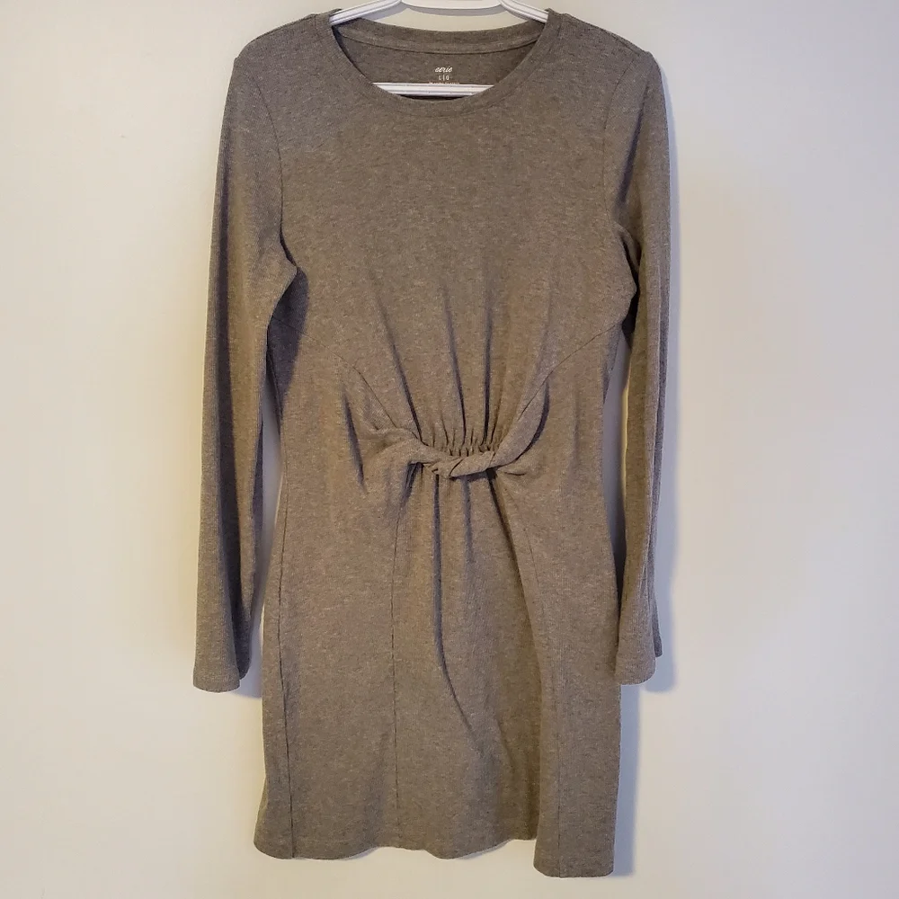 Aerie | Grey Ribbed Long Sleeve Twist Front Dress - Picture 2 of 5